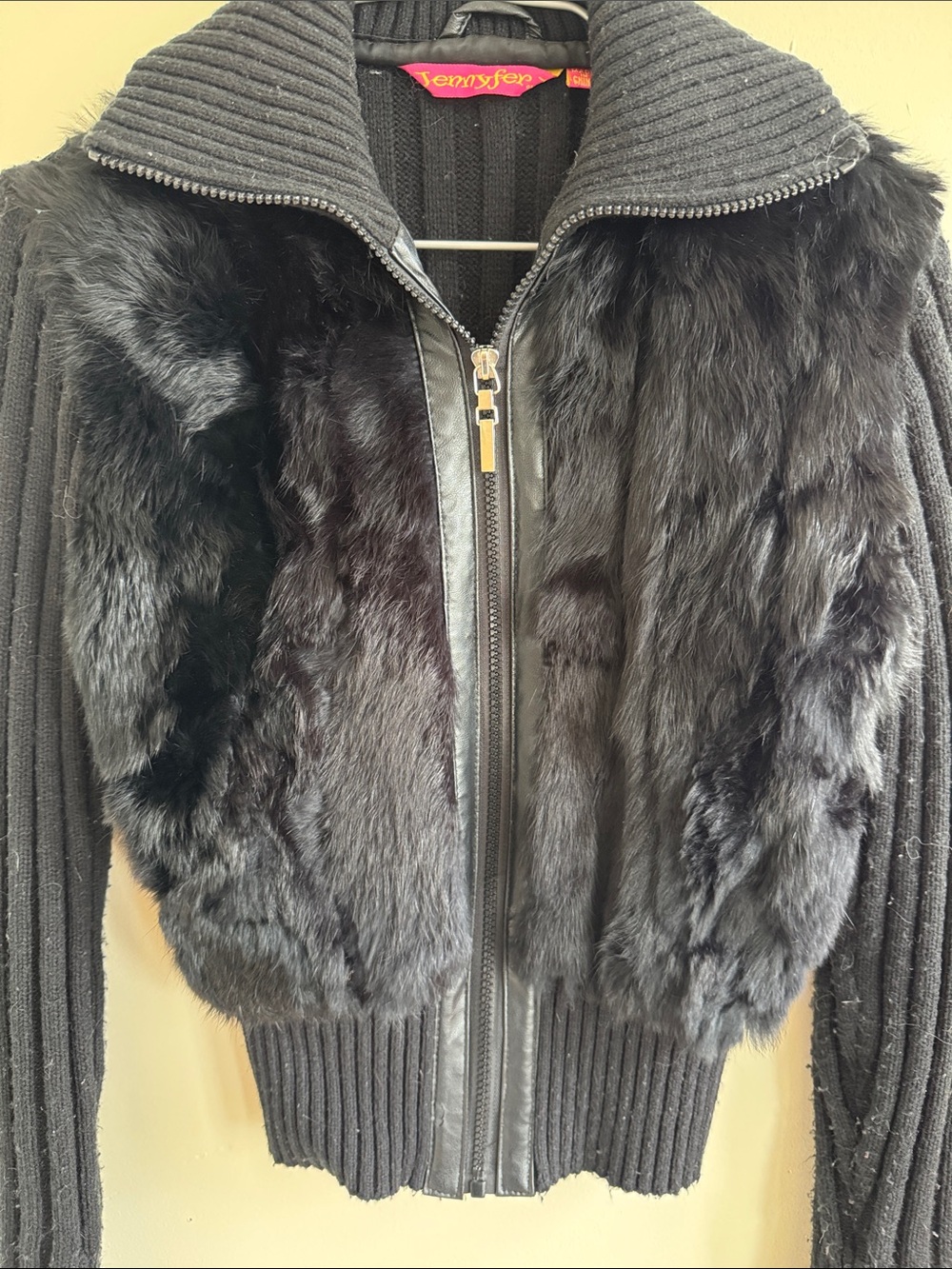 Black Rabbit Fur Ribbed Zip-Up Jacket - Picture 3 of 9